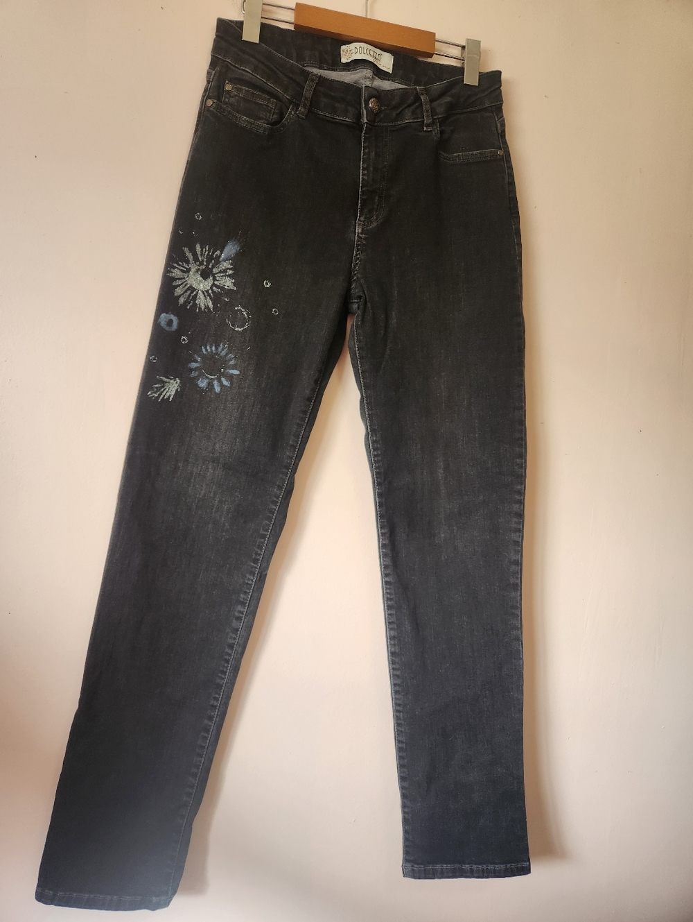 Dolcezza Art Print Black Daisy Floral Straight Leg Stretch Jeans 12 Like New